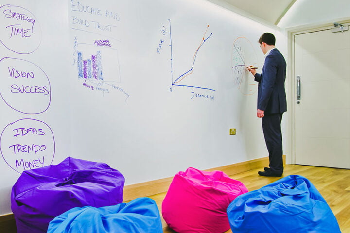 Whiteboard paint white large office wall surface for brainstorming