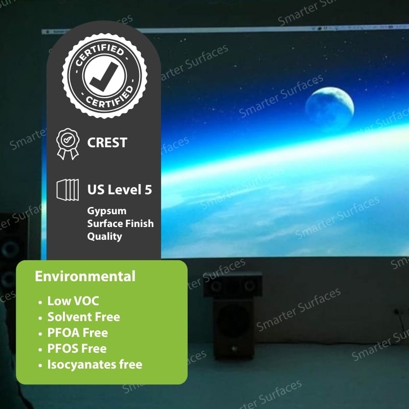 Certification graphic for ALR Projector Screen Paint with environmental and performance standards