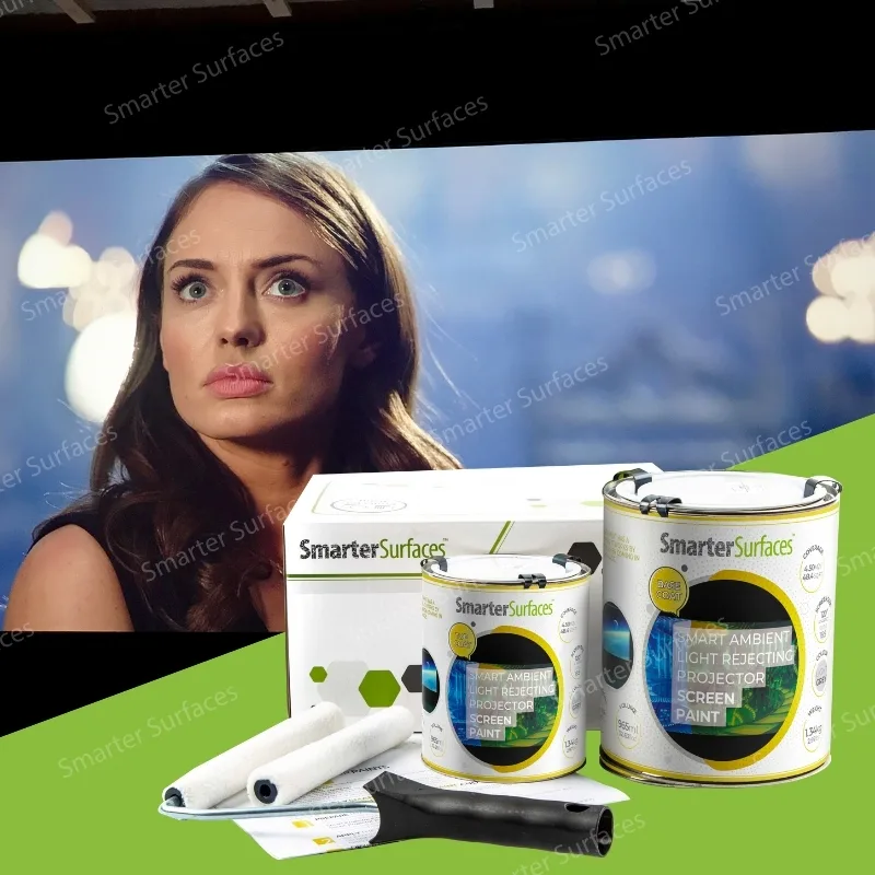 Woman watching a projected image with Ambient Light Rejecting Projector Screen Paint shown with product packaging
