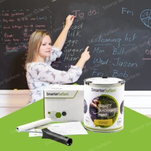 A teacher writing on a black chalkboard during class