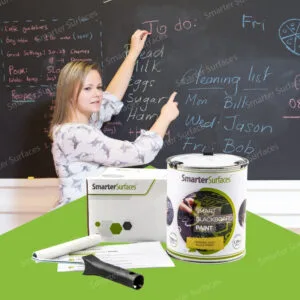 A teacher writing on a black chalkboard during class