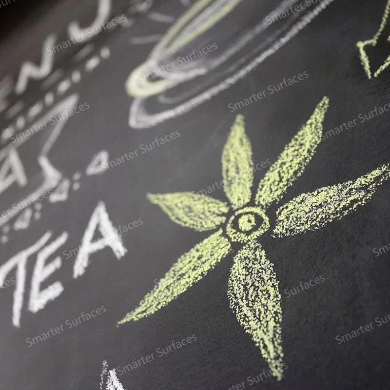 Hand-drawn flower artwork on a black chalkboard paint surface