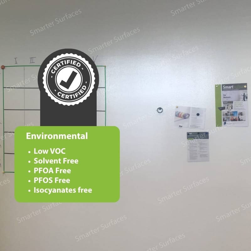 Certified best magnetic paint displayed on office wall with environmental certification badge and green label highlighting Low VOC, Solvent Free, PFOA Free, PFOS Free, and Isocyanates Free properties.