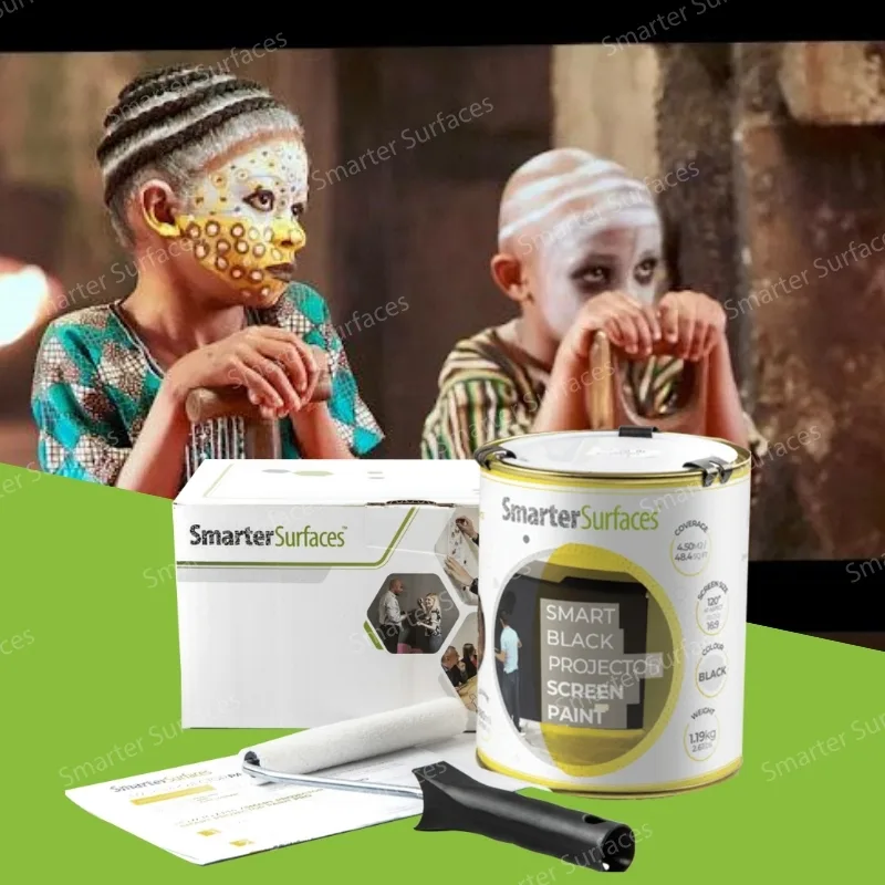 Children watching a projected image beside Black Projector Screen Paint kit