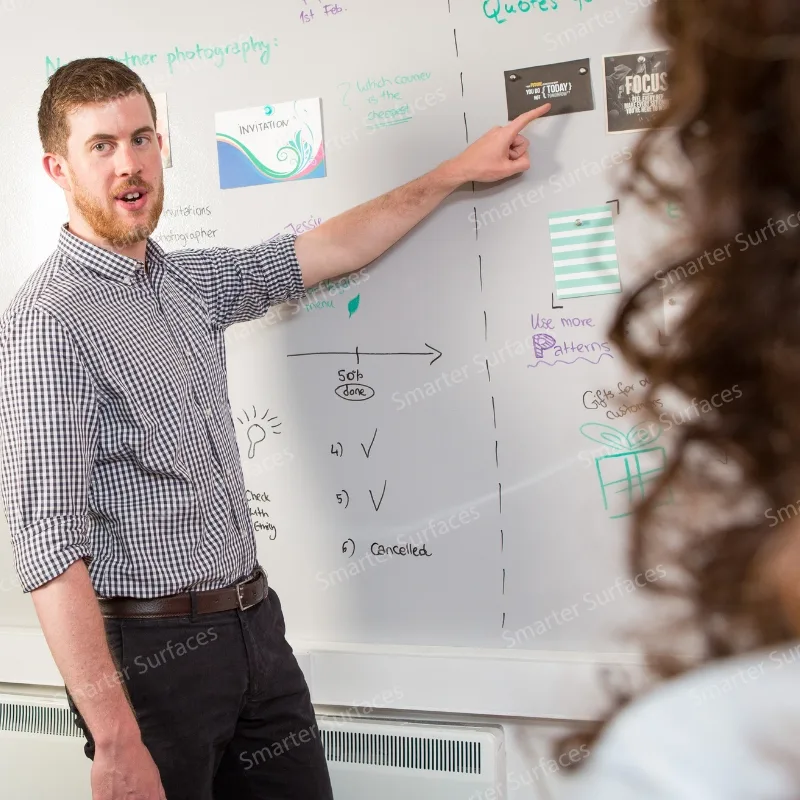 Professional man presenting business strategy on large clear magnetic paint for walls