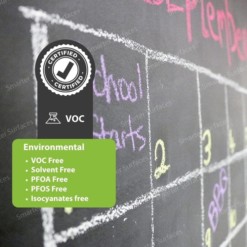 Chalkboard paint certification labels showing VOC-free and eco-friendly approvals