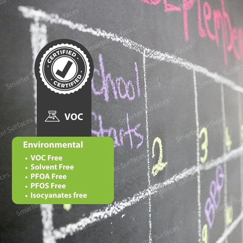 Chalkboard paint certification labels showing VOC-free and eco-friendly approvals