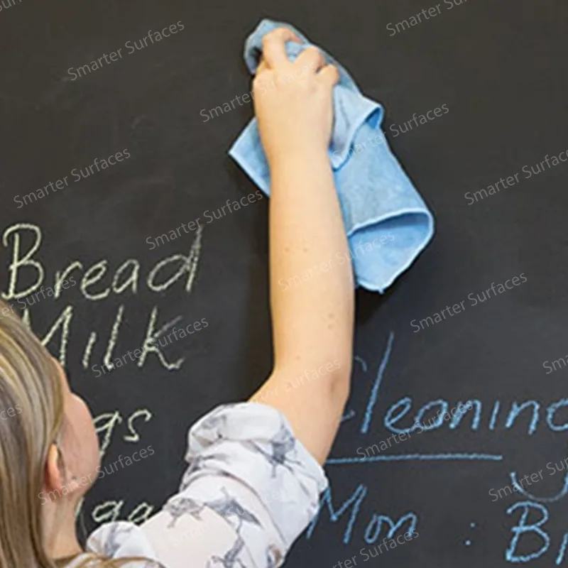 Person wiping a chalkboard paint wall with a cloth