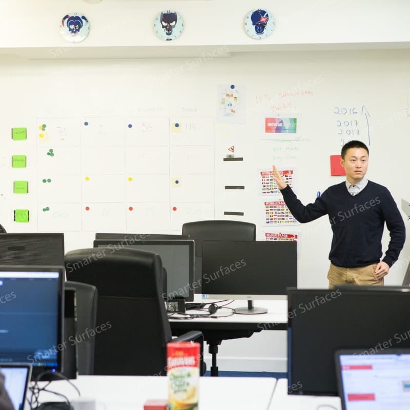 Professional instructor presenting at expansive magnetic marker board paint wall for corporate training or educational workshop session