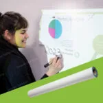 Woman writing on a magnetic projector screen, whiteboard wallpaper in a classroom