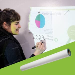 Woman writing on a magnetic projector screen, whiteboard wallpaper in a classroom