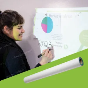 Woman writing on a magnetic projector screen, whiteboard wallpaper in a classroom