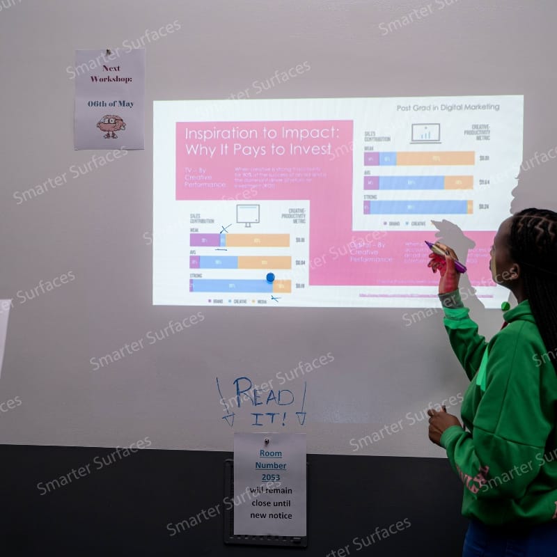 Woman pointing at projected charts on a magnetic projector screen wallpaper