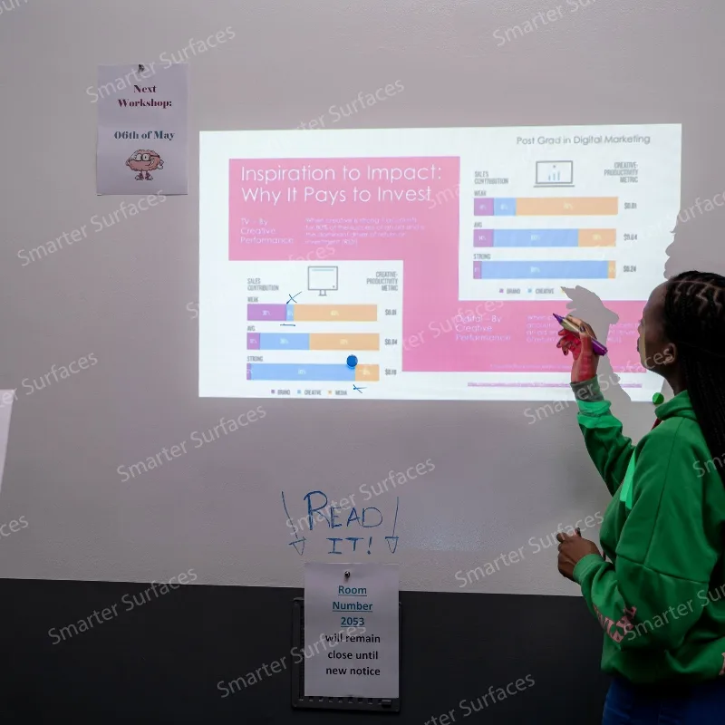 Woman pointing at projected charts on a magnetic projector screen wallpaper