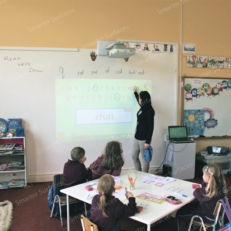 A teacher using a magnetic projector wallpaper in a classroom with students