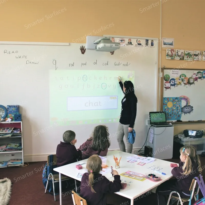 A teacher using a magnetic projector wallpaper in a classroom with students