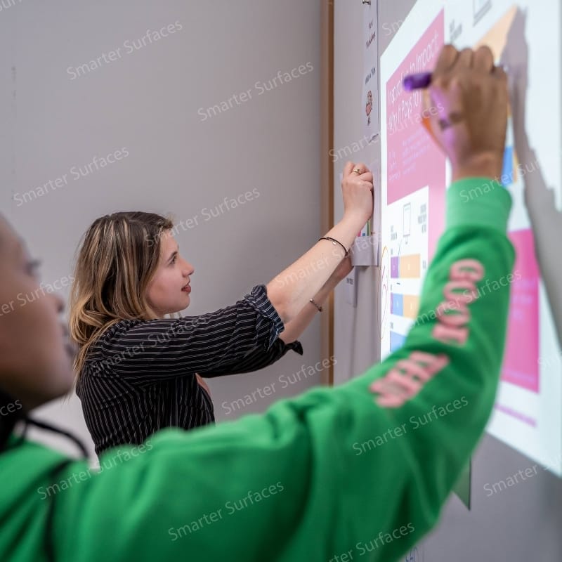 Person attaching magnetic notes on a magnetic projector whiteboard wallpaper