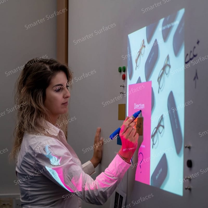 Teacher placing colourful notes on the magnetic projector wallpaper