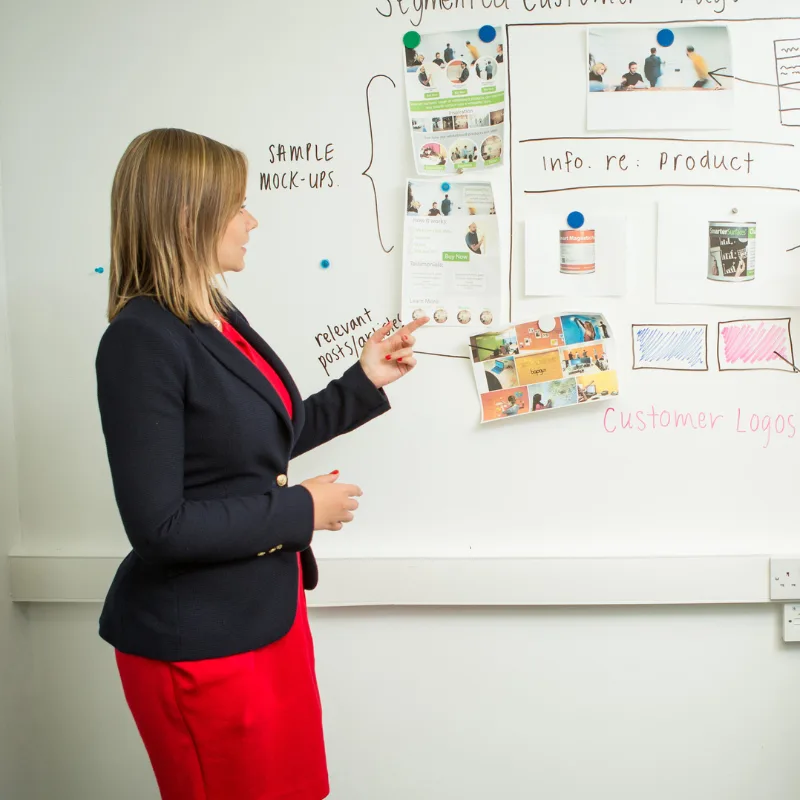 Professional businesswoman presenting strategic plan on magnetic marker board wall paint