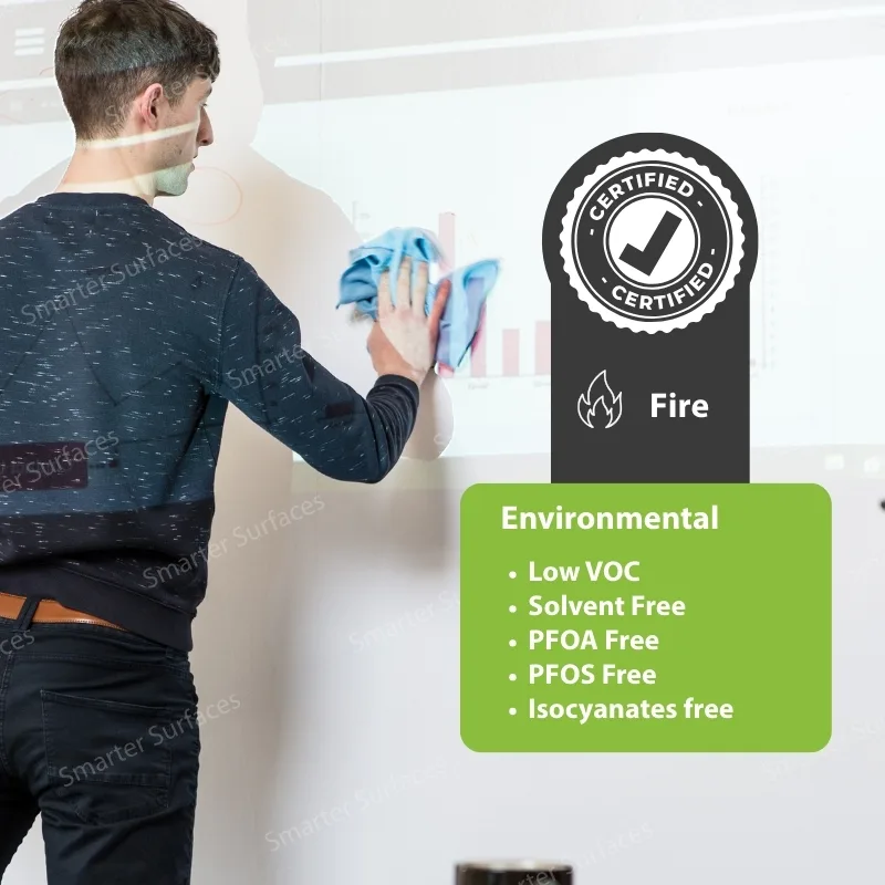Man cleaning matte dry erase board surface with certification badges showing fire safety and environmental benefits including low VOC, solvent free, PFOA free, PFOS free, and isocyanates free