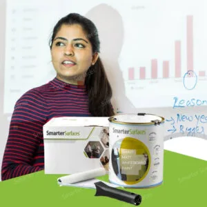 Woman presenting SmarterSurfaces matte whiteboard paint products with application tools and growth chart