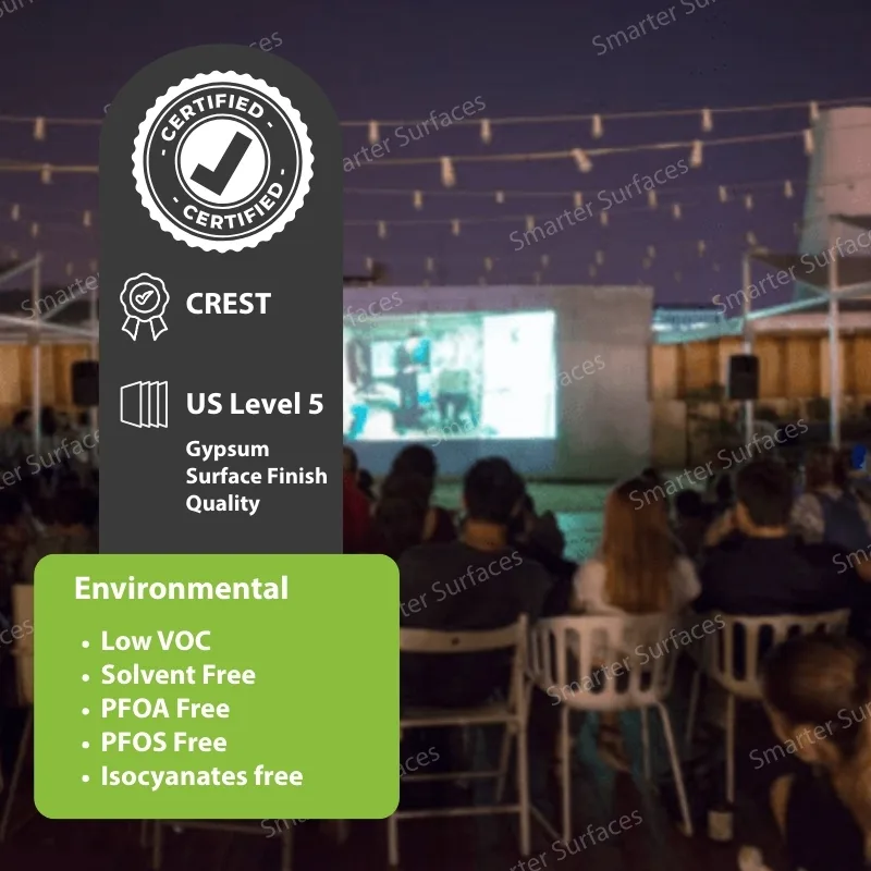 Audience watching a projection with certification badges for the outdoor projector screen paint