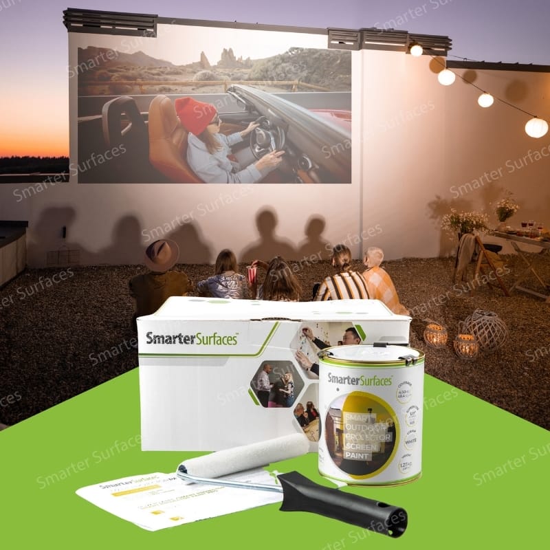 Outdoor projector screen paint used for a backyard movie setup at sunset