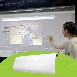 A woman interacting with a projected image on a whiteboard self-adhesive film