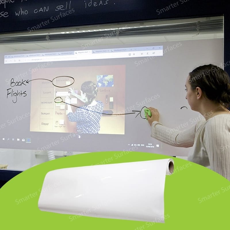 A woman interacting with a projected image on a whiteboard self-adhesive film