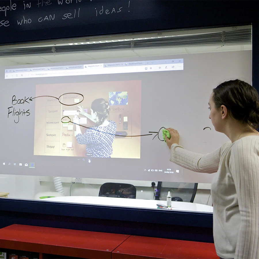 Projection screen whiteboard film writable glass surfaces dual uses