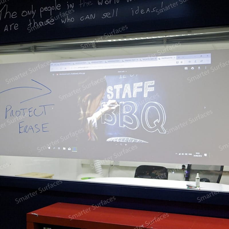 Office scene showing projection and writing on self-adhesive whiteboard film