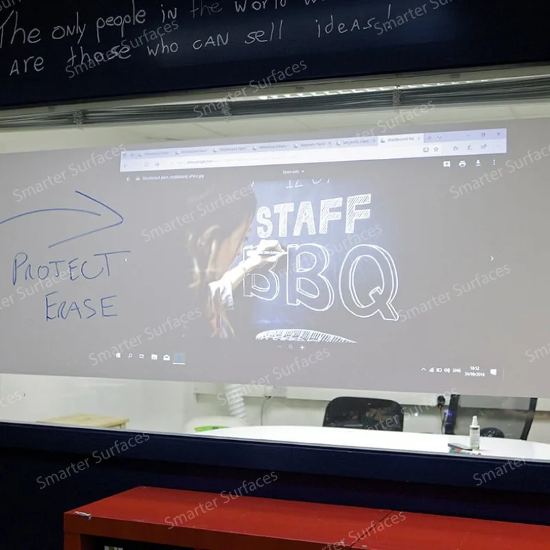 Office scene showing projection and writing on self-adhesive whiteboard film