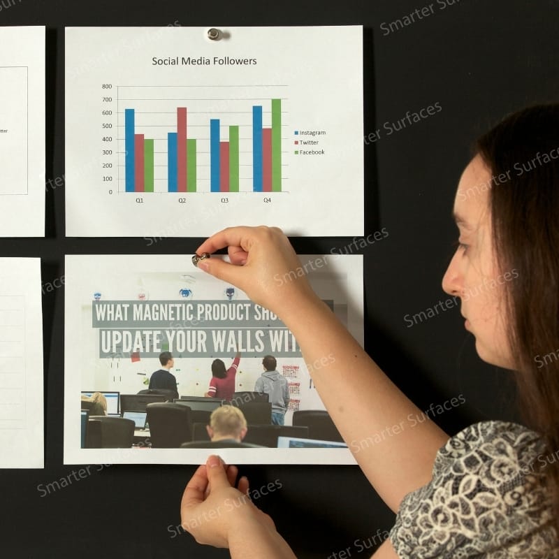 Professional woman arranging analytics chart and presentation image on strong magnetic surface wall