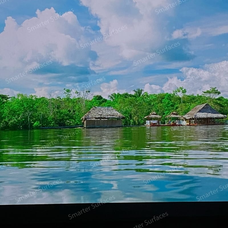 Bright landscape projected on a smooth, screen-painted surface