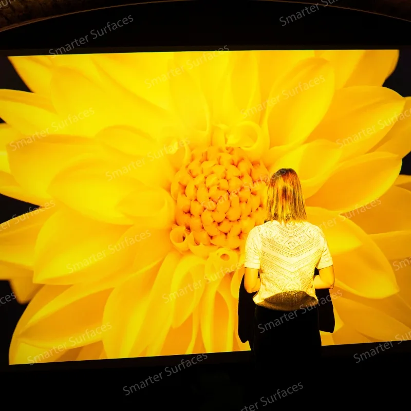 A woman standing near a vivid yellow flower projection
