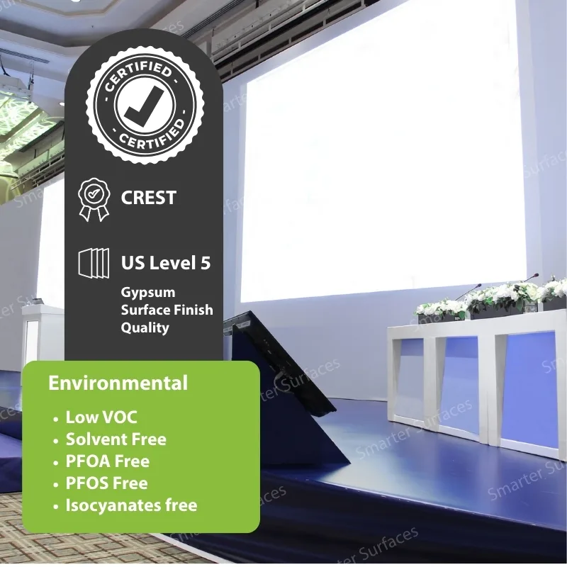 Certification graphic highlighting CREST and US Level 5 gypsum surface finish quality, along with environmental benefits such as low VOC, solvent-free, PFOA-free, PFOS-free, and isocyanate-free features, displayed beside a projector screen setup.
