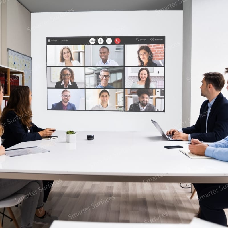 People in a conference room viewing a large, clear video call projection on a wall coated with white projector screen paint.