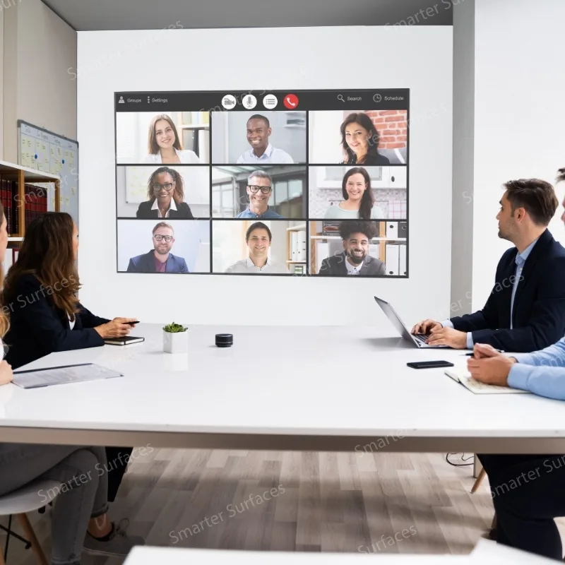 People in a conference room viewing a large, clear video call projection on a wall coated with white projector screen paint.
