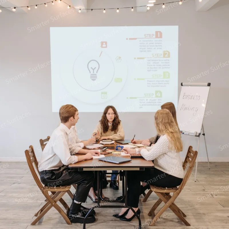 Team having a business meeting with a bright, clear presentation projected onto a wall coated with white projector screen paint.