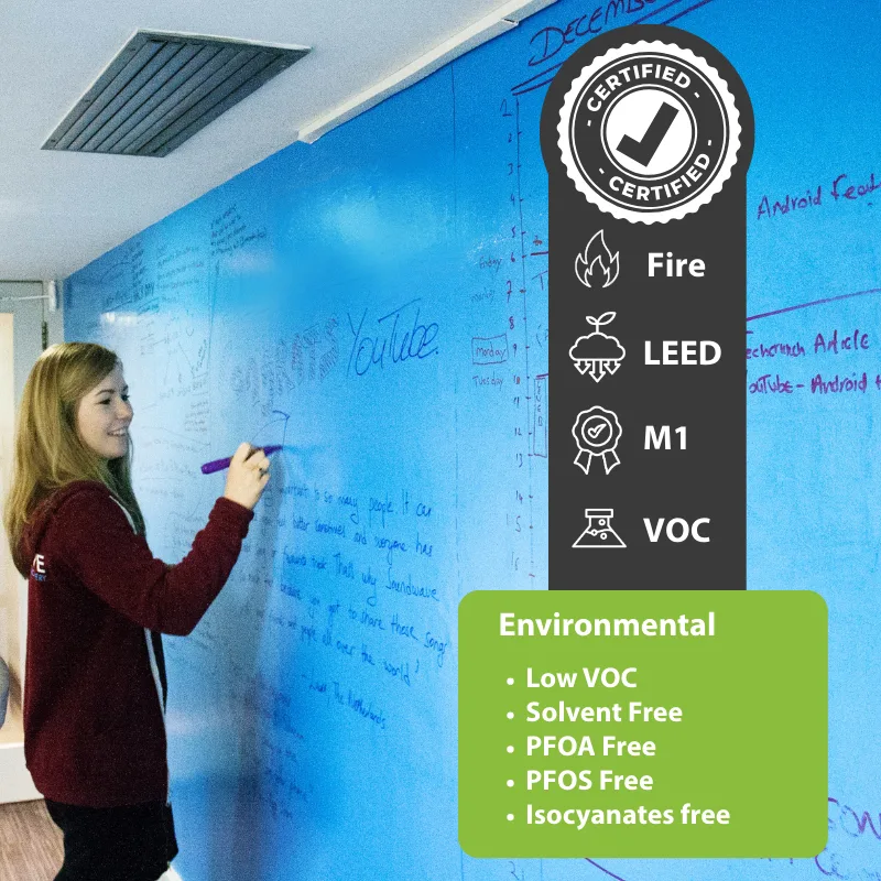 Certified whiteboard paint on a large blue wall with eco-friendly and safety labels.