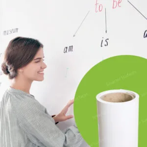 Woman writing on white dry erase wall covering with colorful markers