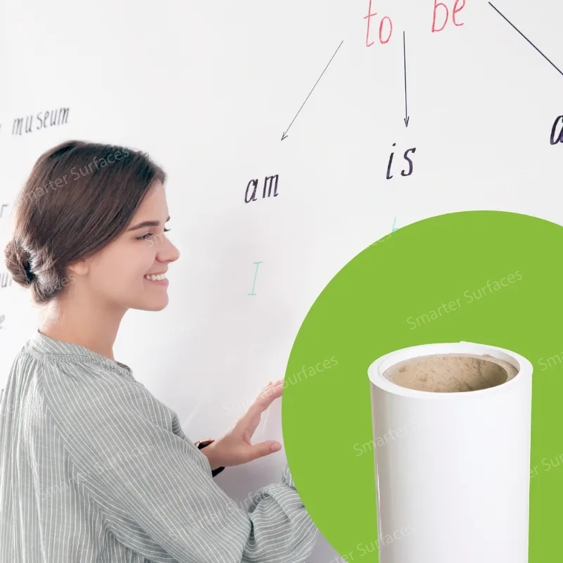 Woman writing on white dry erase wall covering with colorful markers