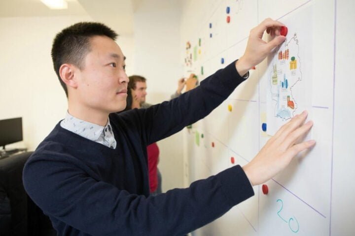 Team is hanging items using magnets on a magnetic whiteboard paint wall