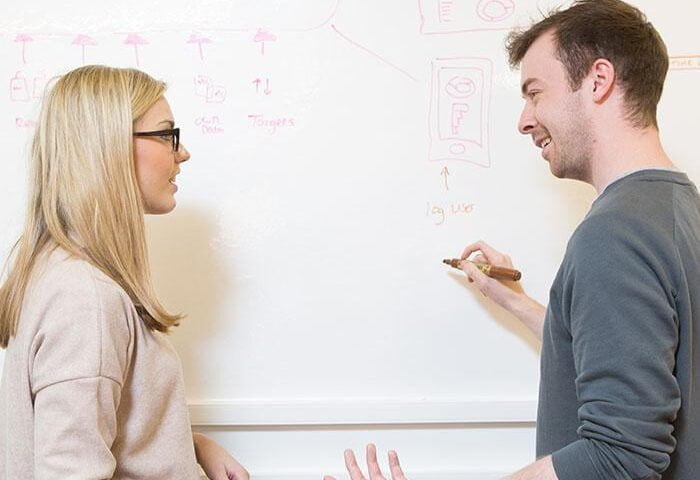 Man drawing on office whiteboard surface created with smart whiteboard wallpaper during meeting