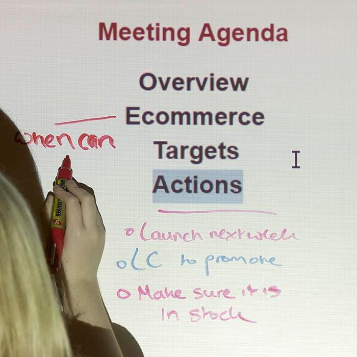 Writing and projecting meeting agenda on dry erase surface smart self adhesive whiteboard film low sheen