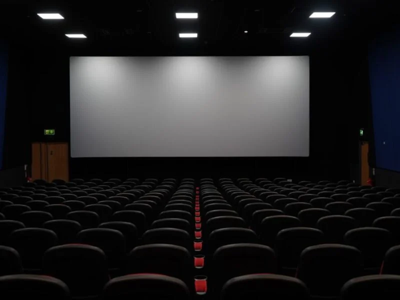 A big painted on acoustically transparent Screen with seating chairs ready for viewing in a dark room