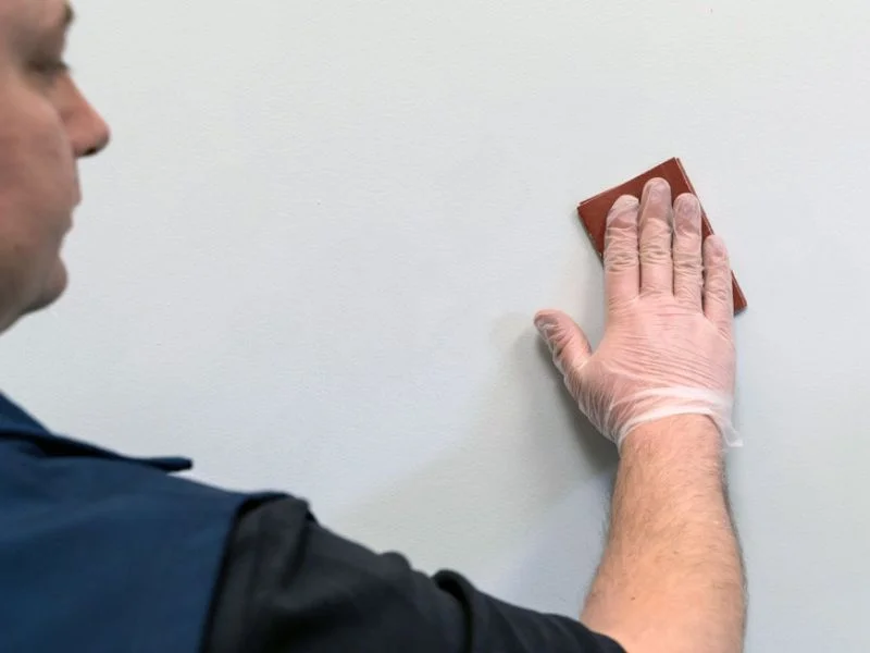 Step 6 - Man preparing surface for applying magnetic gray paint by filling sanding wall 