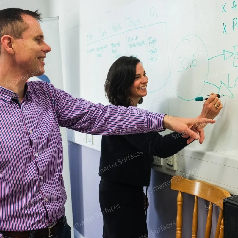 Close-up of glossy whiteboard paint surface