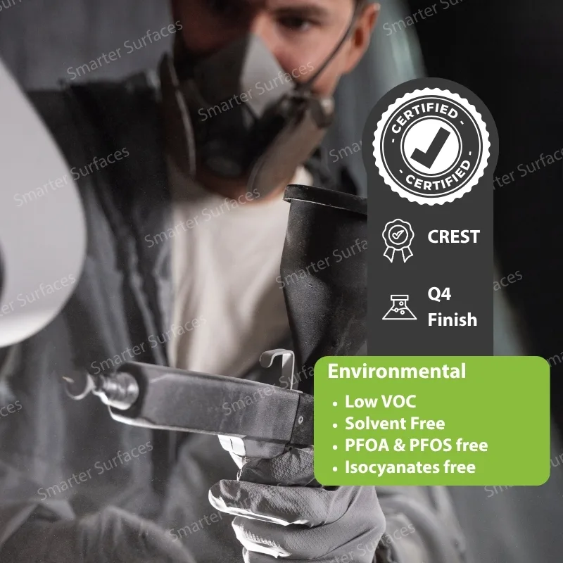Smarter Surfaces paint can displaying certified credentials badge, CREST certification, Q4 Finish rating, and environmental benefits.