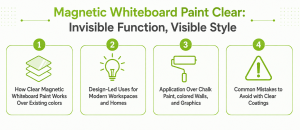 Reasons listed why magnetic whiteboard paint clear is preferred to design surfaces.